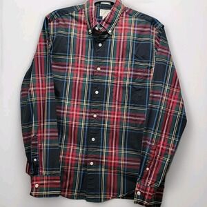 J. Crew Stretch Men Med Slim Untucked Shirt Button Down Green Red Plaid‎ Organic